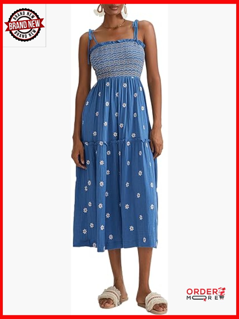 Floral Embroidered Maxi Dress Sleeveless Smocked Bust Tie Shoulder Boho Flowy